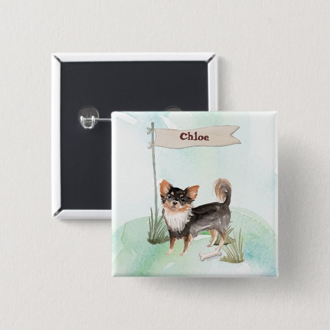 Bóton Quadrado 5.08cm Nome Personalizado Cão-Pet Chihuahua de Longa Cabe (Frente & Verso)