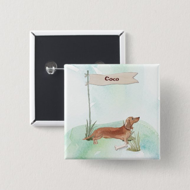 Bóton Quadrado 5.08cm Nome Personalizado Tan Dachshund Pet Dog (Frente & Verso)