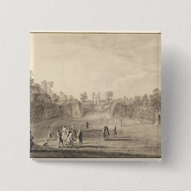 Bóton Quadrado 5.08cm O Bowling Green em Claremont, 1738 (gravura) (Frente)