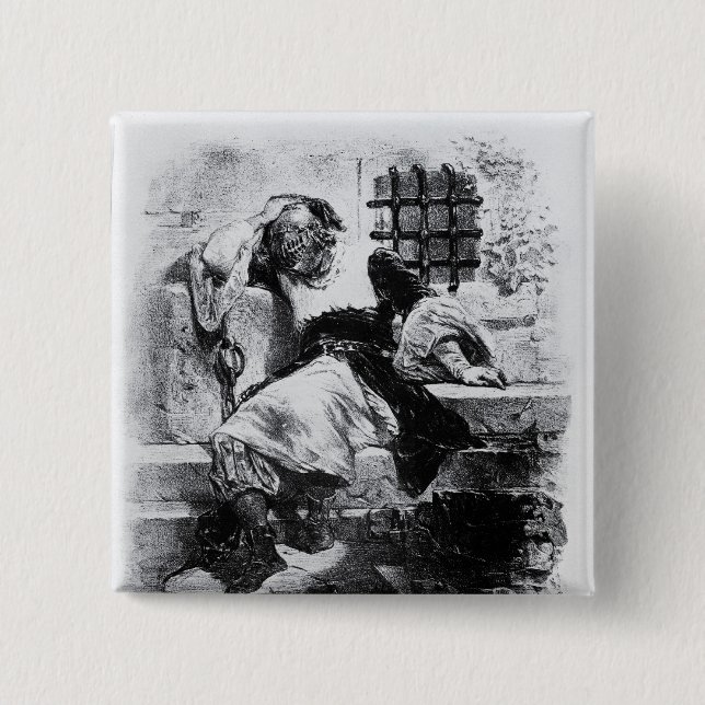 Bóton Quadrado 5.08cm O homem na máscara do ferro em sua prisão (Frente)