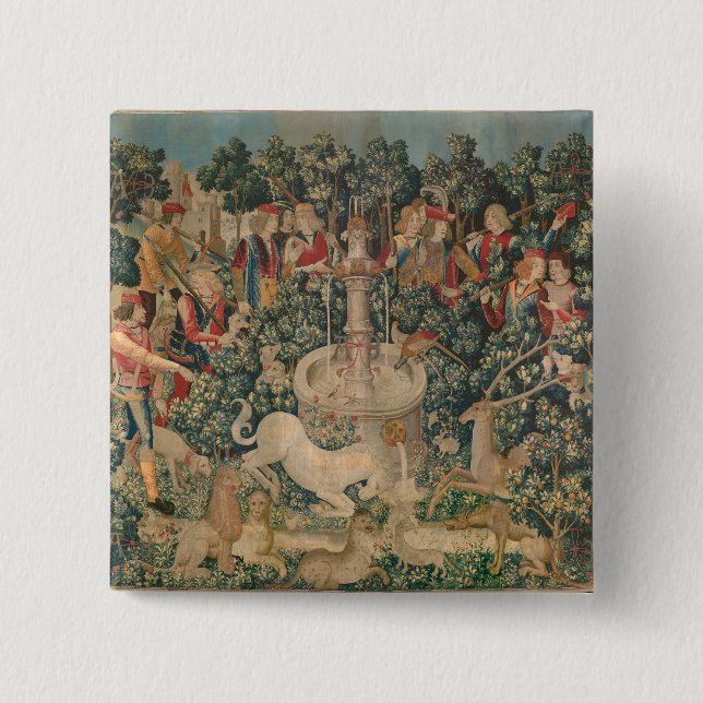 Bóton Quadrado 5.08cm O Unicórnio é Encontrado, Tapeçaria Medieval (Frente)