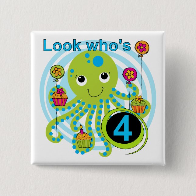 Bóton Quadrado 5.08cm Octopus 4th Birthday T shirts e presentes (Frente)