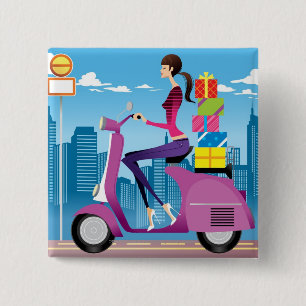 Bóton Quadrado 5.08cm Opinião lateral a mulher com os presentes no