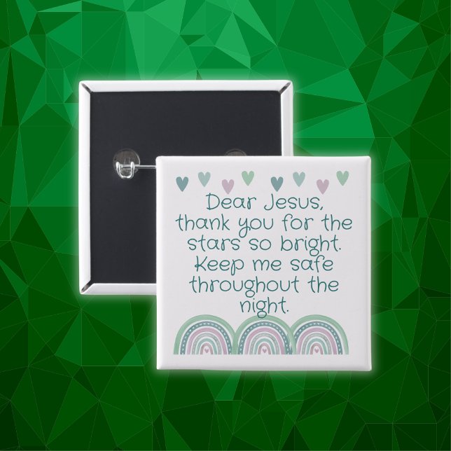 Bóton Quadrado 5.08cm Oração Cristã para Crianças Verde e Rosa | (Criador carregado)