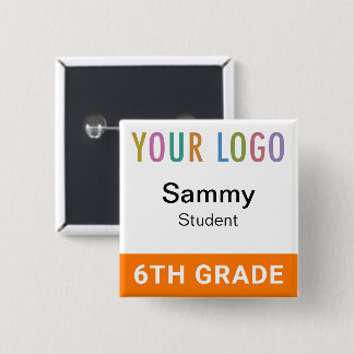 Bóton Quadrado 5.08cm Orange Student Name Tag Button with School Logo