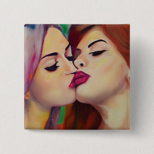 Bóton Quadrado 5.08cm Orgulho em Aquarela Duas Mulheres Compartilham um 