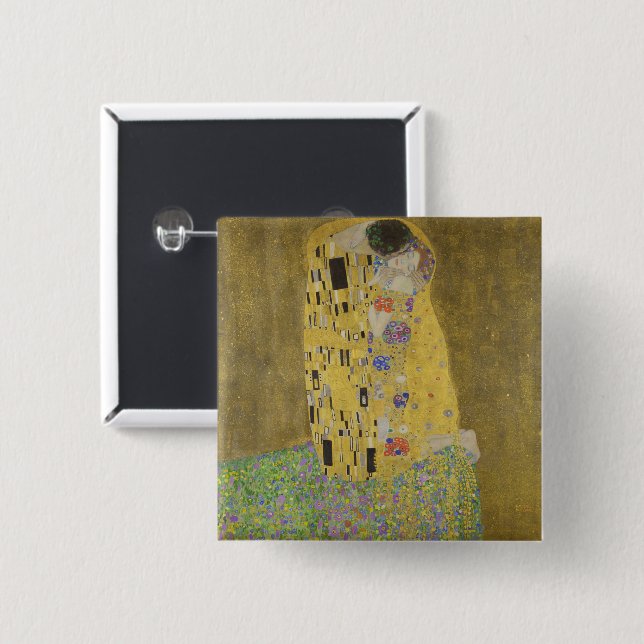 Bóton Quadrado 5.08cm Os amantes beijando o abraço de Gustav Klimt (Frente & Verso)