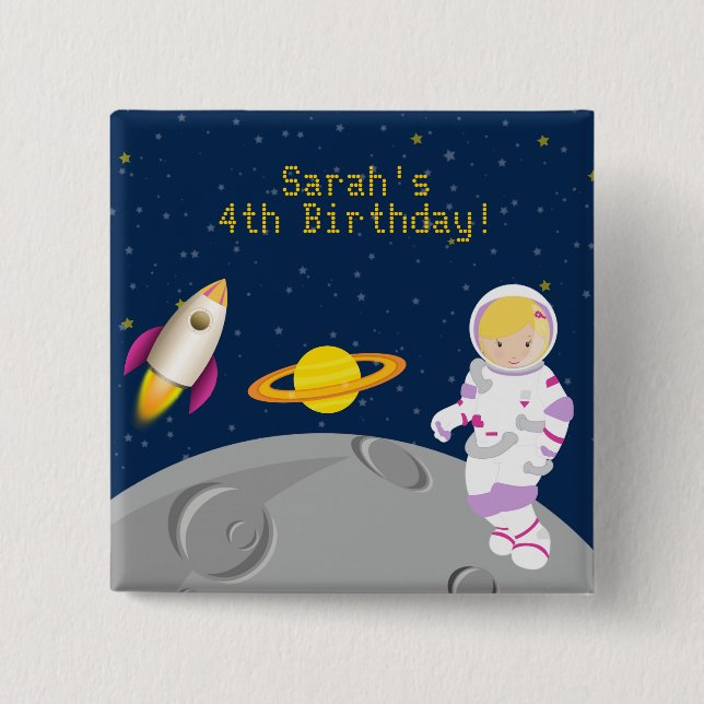 Bóton Quadrado 5.08cm Outer Space Astronaut Birthday Button (Frente)