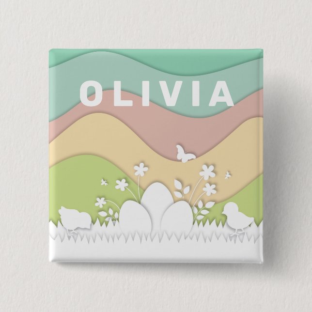 Bóton Quadrado 5.08cm Ovos e pintinhos de páscoa na primavera pastosa (Frente)