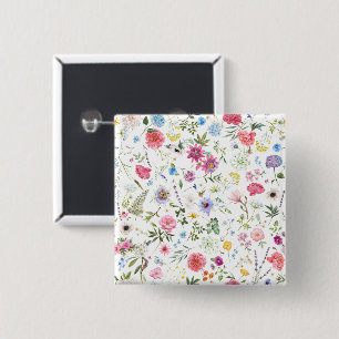 Bóton Quadrado 5.08cm Padrão Botânico de Jardim de Flores Silvestres em