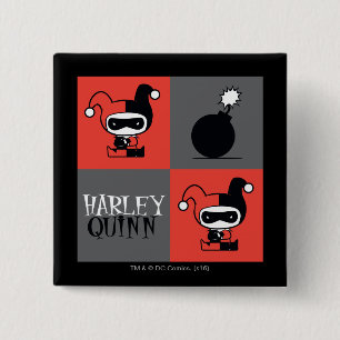 Bóton Quadrado 5.08cm Padrão Checker de Chibi Harley Quinn