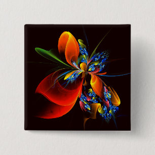 Bóton Quadrado 5.08cm Padrão de Abstrato de Arte Floral Azul Laranja Mod