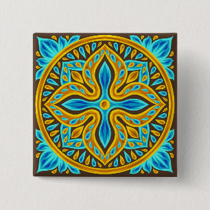 Bóton Quadrado 5.08cm Padrão de Azulejo Marroquino Mediterrâneo Azul e D