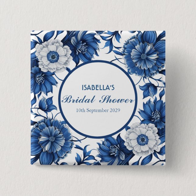 Bóton Quadrado 5.08cm Padrão de casamento azul e branco Chinoiserie anti (Frente)