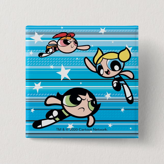 Bóton Quadrado 5.08cm Padrão de Estrela de Raparigas Powerpuff (Frente)