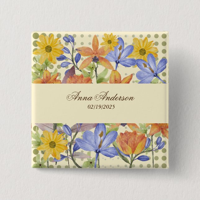 BÓTON QUADRADO 5.08CM PADRÃO DE FLOR DE LARANJA (Frente)