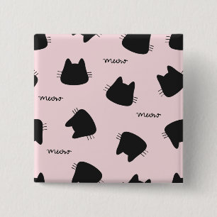 Bóton Quadrado 5.08cm Padrão de Gato Preto Fofo Kitty Meow Rosa
