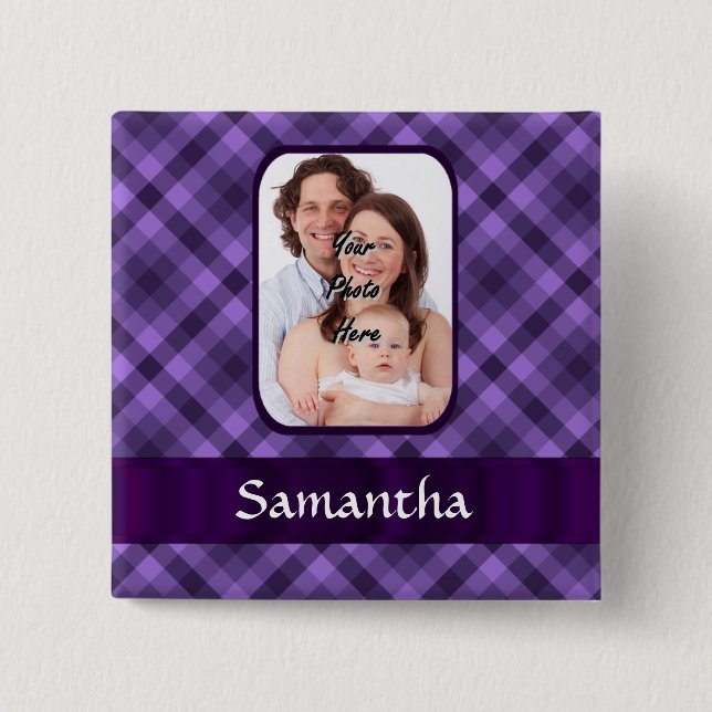 Bóton Quadrado 5.08cm Padrão de gingham roxo (Frente)