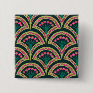 Bóton Quadrado 5.08cm Padrão de leque floral rosa e verde
