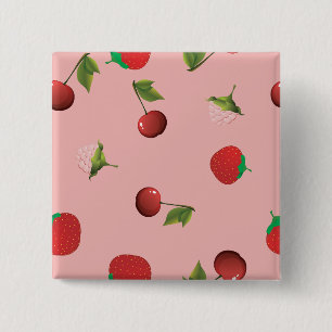 Bóton Quadrado 5.08cm Padrão de Morango Vermelho e Cereja Fruta Rosa