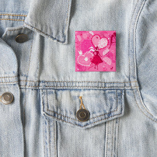 Bóton Quadrado 5.08cm Padrão de Silhueta de Amor Romântico Corações Rosa