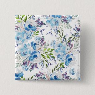 Bóton Quadrado 5.08cm Padrão Floral Sem Costura de Aquarela Azul