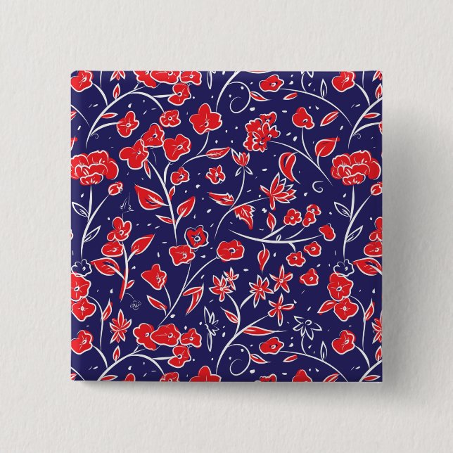 Bóton Quadrado 5.08cm Padrão Floral Vermelho e Azul (Frente)