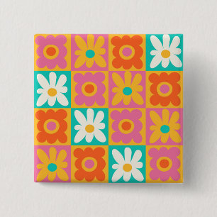 Bóton Quadrado 5.08cm Padrão Floral Xadrez Groovy Retro dos Anos 70