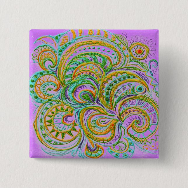 Bóton Quadrado 5.08cm Padrão Folk Art Fantasy (Frente)