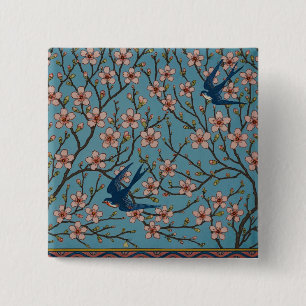 Bóton Quadrado 5.08cm Padrão Retrô de Andorinha Floral Azul por Walter C