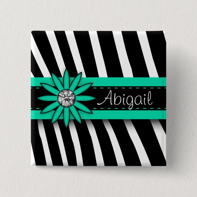 Bóton Quadrado 5.08cm Padrão Turquesa Azul Floral Gem e Zebra (Frente)