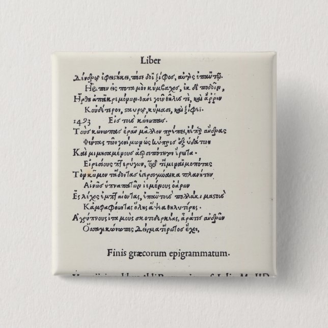Bóton Quadrado 5.08cm Página dos Epigrams gregos por Angelo Poliziano, (Frente)