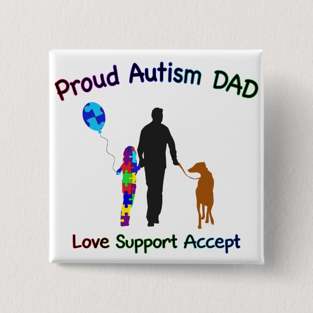Bóton Quadrado 5.08cm Pai Autismo com Cão (Frente)