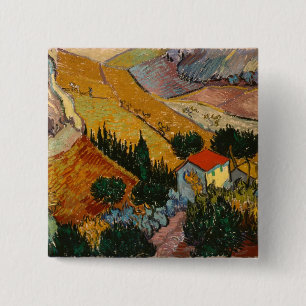 Bóton Quadrado 5.08cm Paisagem de Vincent van Gogh com casa &