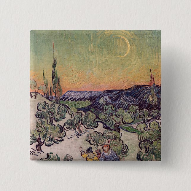 Bóton Quadrado 5.08cm Paisagem enluarada de Vincent van Gogh |, 1889 (Frente)