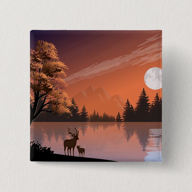Bóton Quadrado 5.08cm Paisagem Sunrise com Lago e Deers-51207 (Frente)