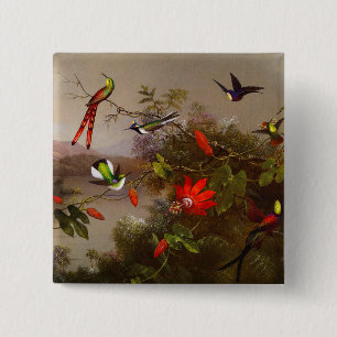 Bóton Quadrado 5.08cm Paisagem tropical com dez beija-flores