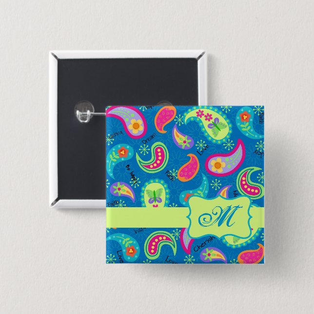 Bóton Quadrado 5.08cm Paisley Turquoise Blue Green Modern Monograma (Frente & Verso)