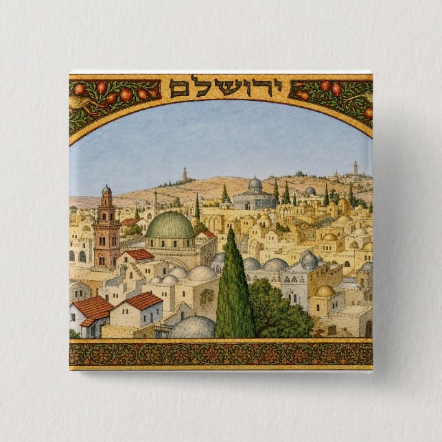 Bóton Quadrado 5.08cm Panorama Antigo de Jerusalém (Frente)