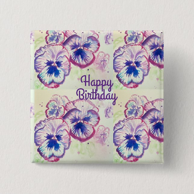 Bóton Quadrado 5.08cm Pansias Pansíveis Flor Púrpura Rosa (Frente)