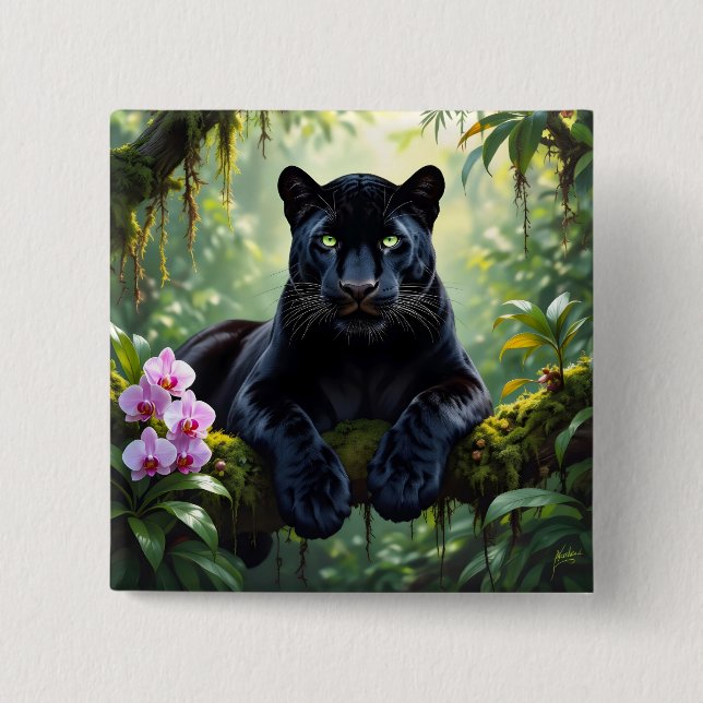 Bóton Quadrado 5.08cm Pantera Negra na Selva (Frente)