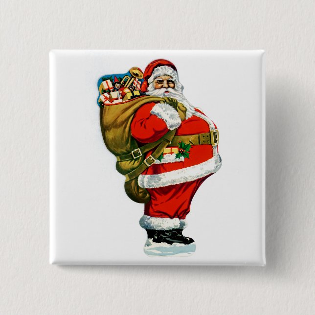 Bóton Quadrado 5.08cm Papai Noel com Saco de Brinquedos (Frente)