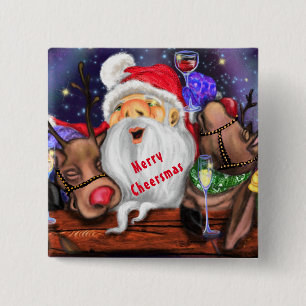 Bóton Quadrado 5.08cm Papai Noel e Renas Botão Divertido de Natal