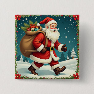 Bóton Quadrado 5.08cm Papai Noel Entregando Presentes Através da Florest