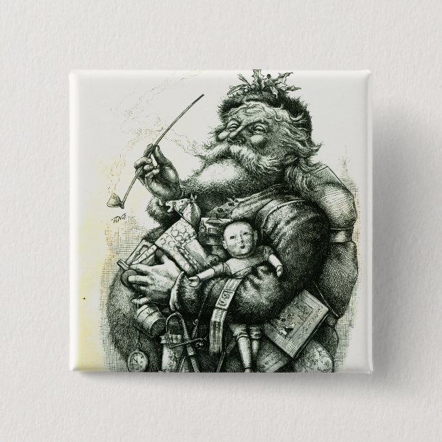 Bóton Quadrado 5.08cm Papai Noel idoso alegre (Frente)