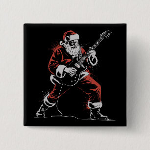 Bóton Quadrado 5.08cm Papai Noel Tocando Guitarra Retro Rock de Natal do