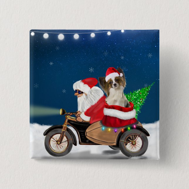 Bóton Quadrado 5.08cm Papillon Dog Natal Papai Noel (Frente)