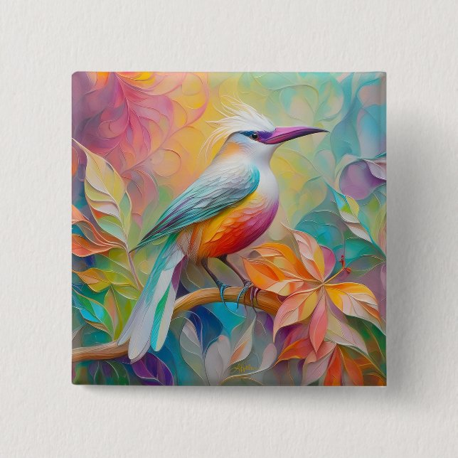 Bóton Quadrado 5.08cm Pássaro da fantasia vermelho-rosa-bico (Frente)