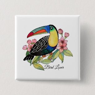 Bóton Quadrado 5.08cm Pássaro de Toucan da aguarela com flores