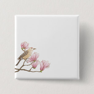Bóton Quadrado 5.08cm Pássaro em um botão cor-de-rosa do Pin do esboç